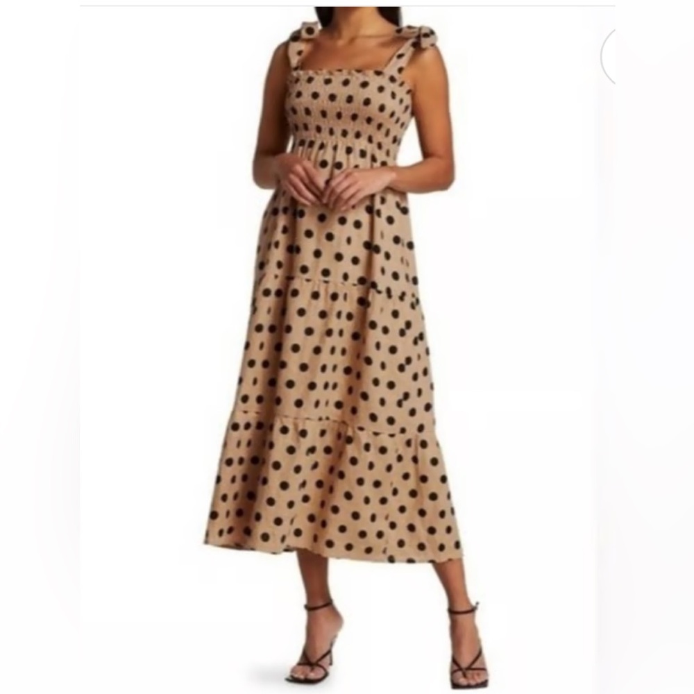 [$299] NWT Faithfull the Brand Tan and Black Polka Dot Maxi Dress. Size 6